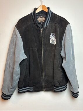 VTG‎ Guide Gear Men's XL Black Suede Two-Tone Embroidered  Wolf Varsity Jacket